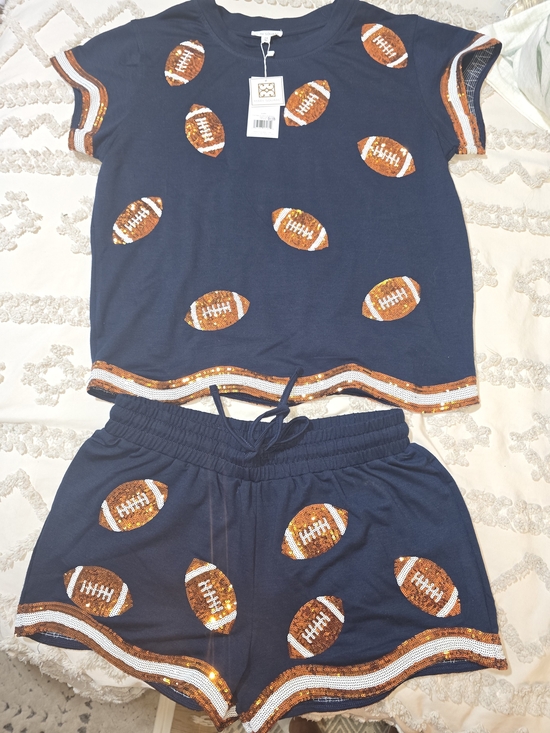Mary Square Tops - Sequin Football Navy Short Sleeve Tee & Shorts Set- Casual by Mary Square
